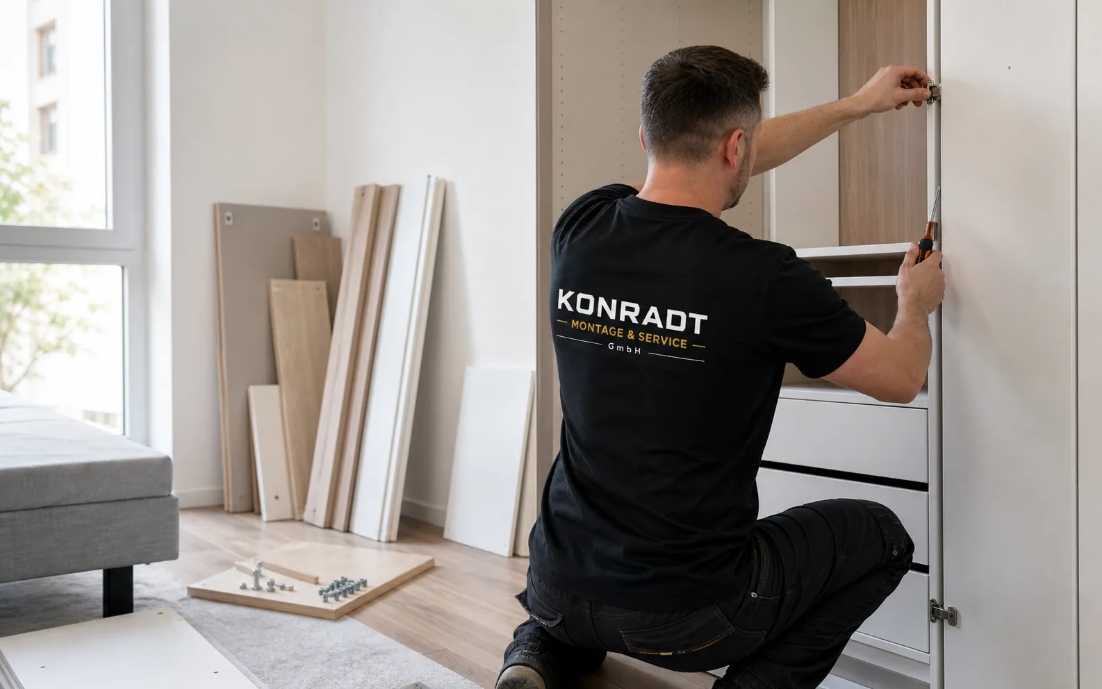 Mitarbeiter beim Abbau eines Schranks