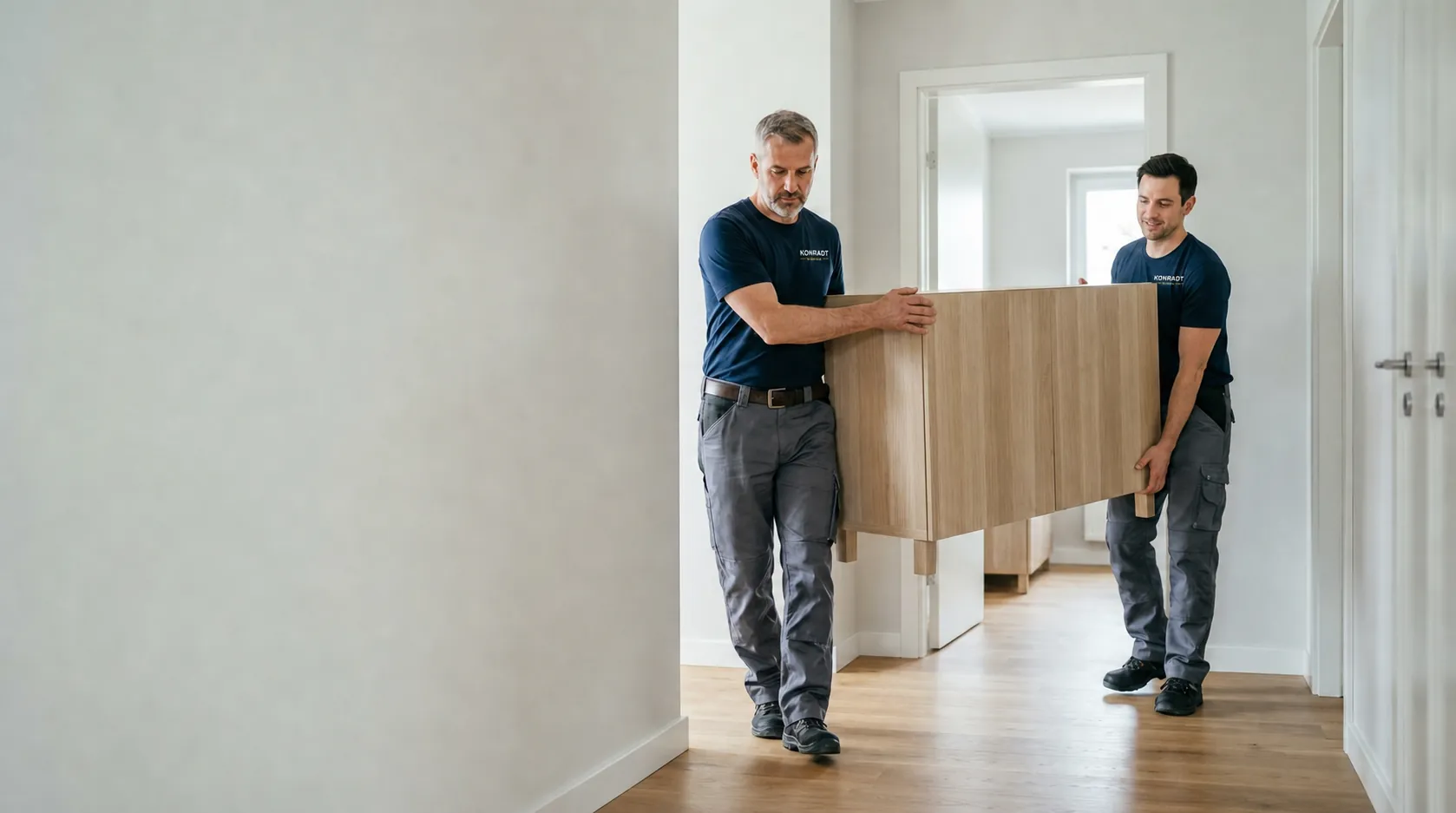 Zwei Mitarbeiter beim Transport eines Schranks